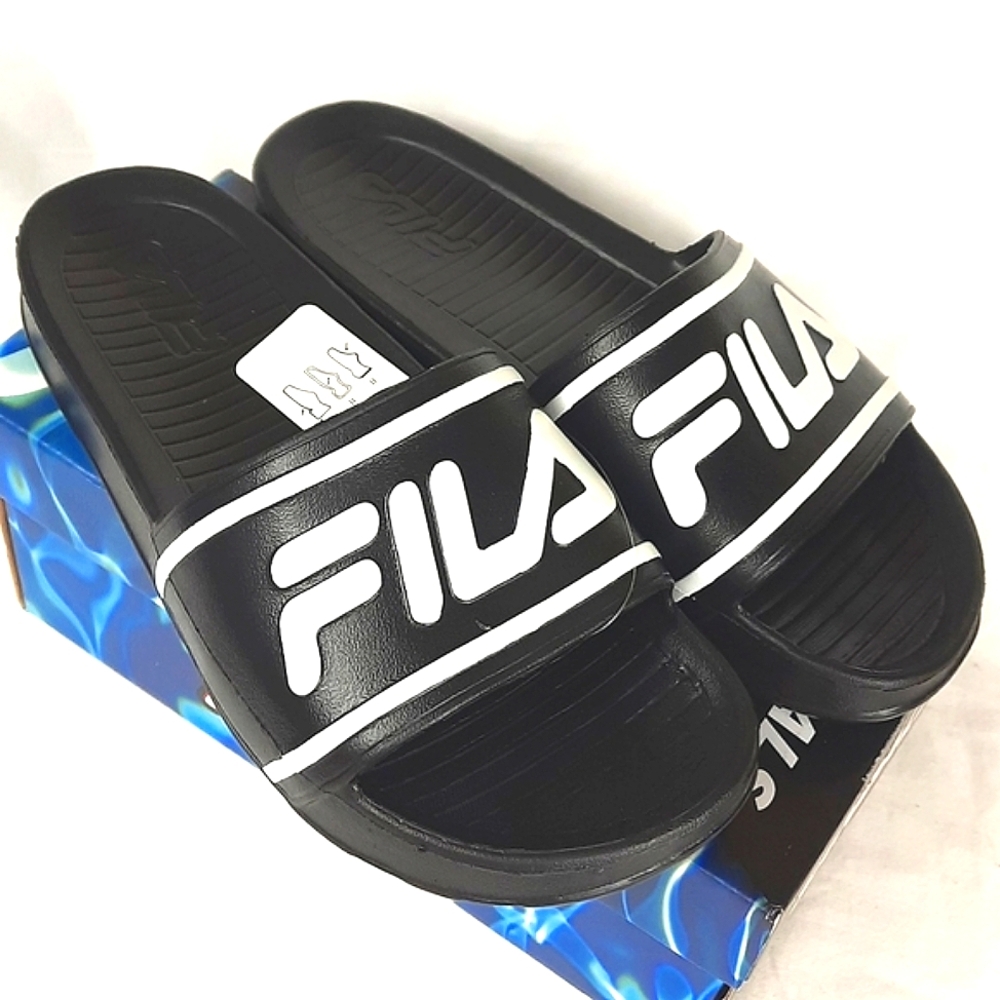 Fila Sleek Slide ST Sandals Unisex Kids Size 7 Black White NEW with Tags